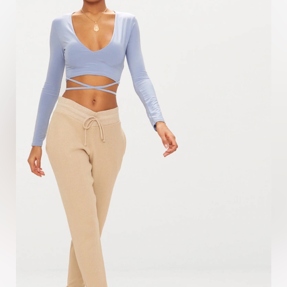 Powder Blue Slinky Long Sleeve Tie Waist Crop Top